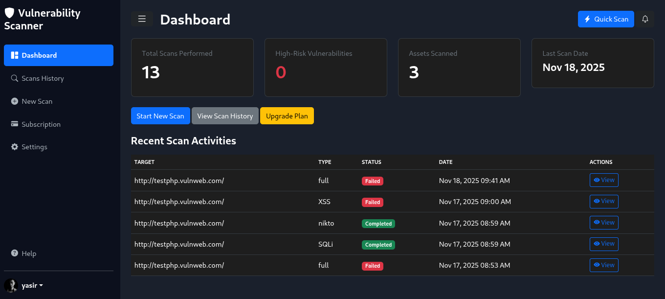 Main Automated Vulnerability Scanner Dashboard Screenshot